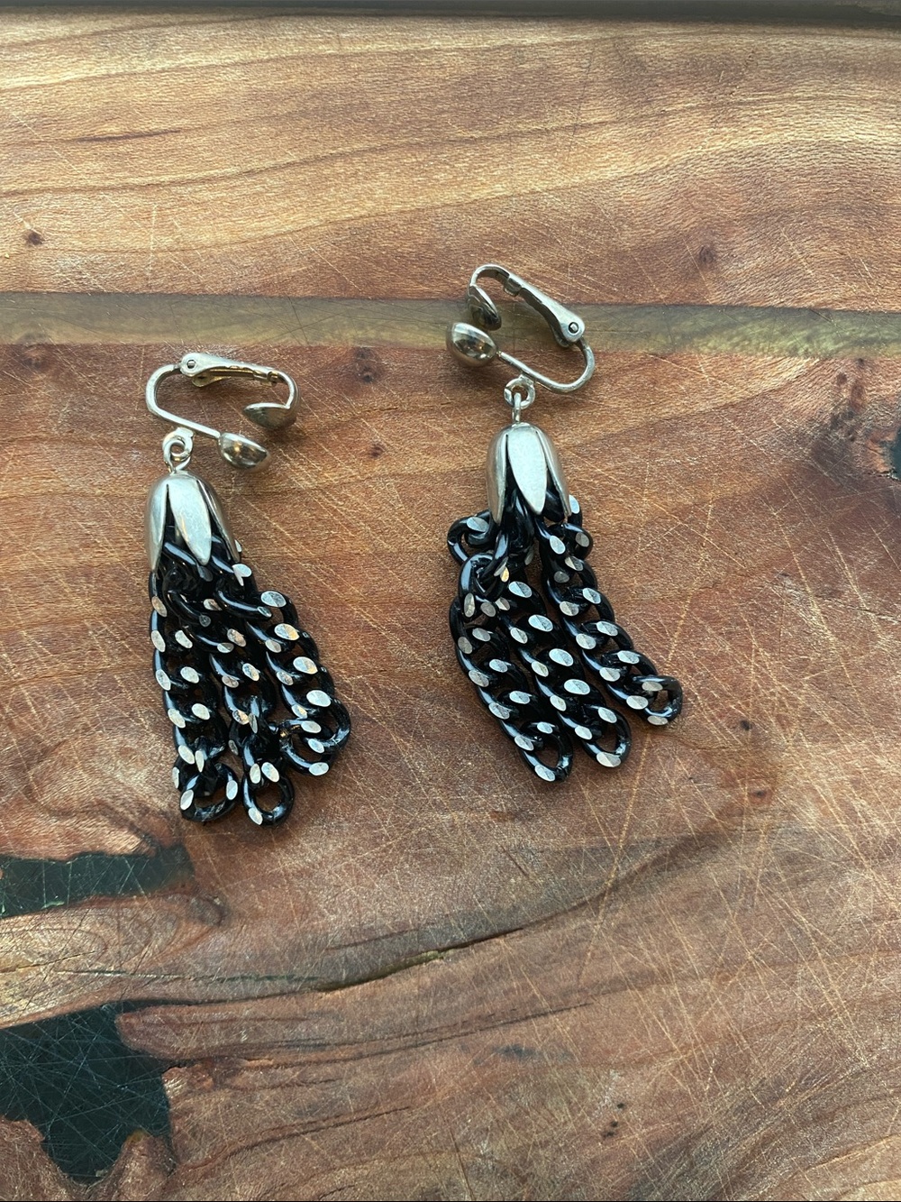 Sarah Coventry Black and Silver Clip-On Tassel Earrings